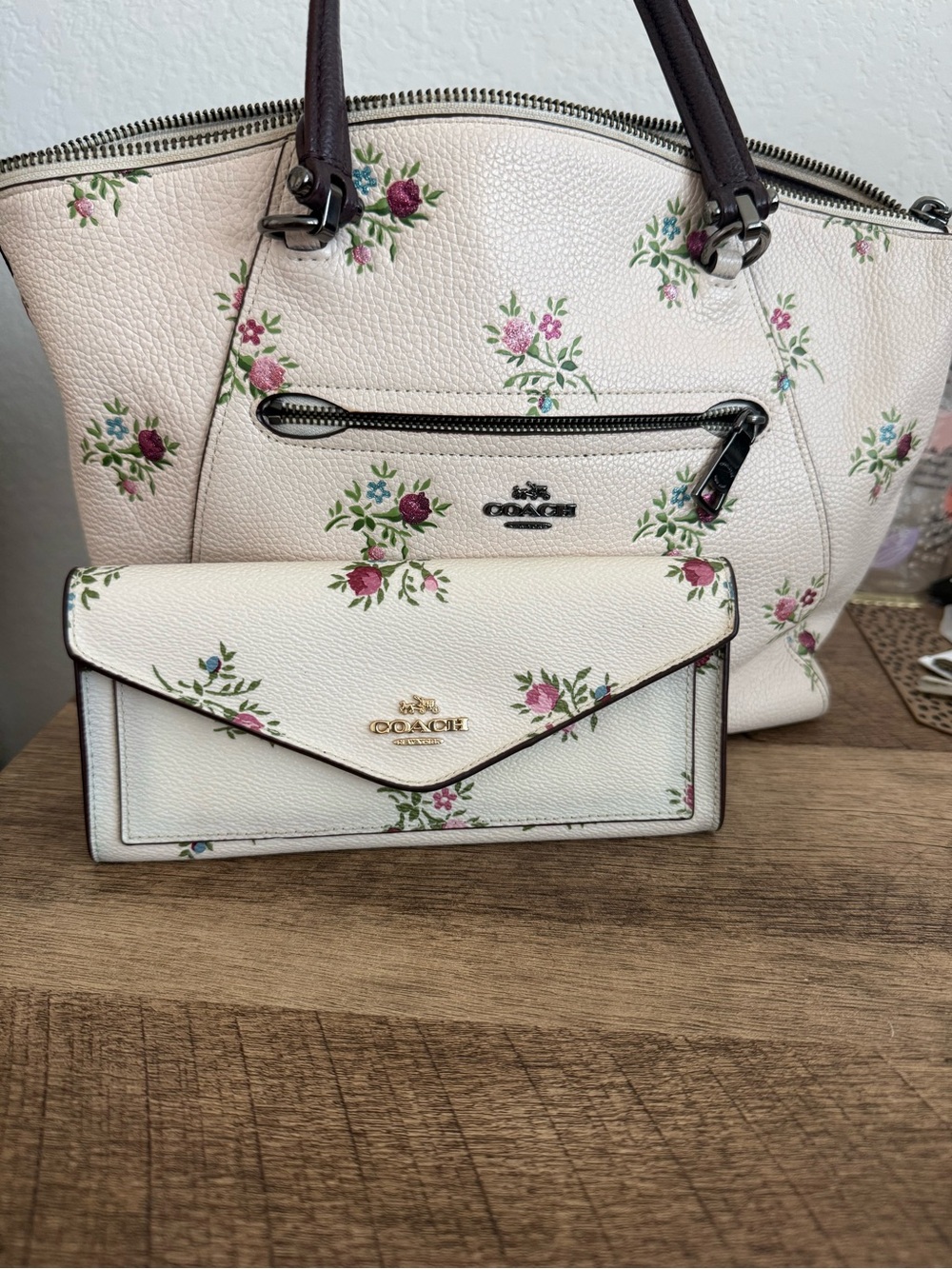Coach Cream Floral Pebbled Leather Tote with Matching Wallet